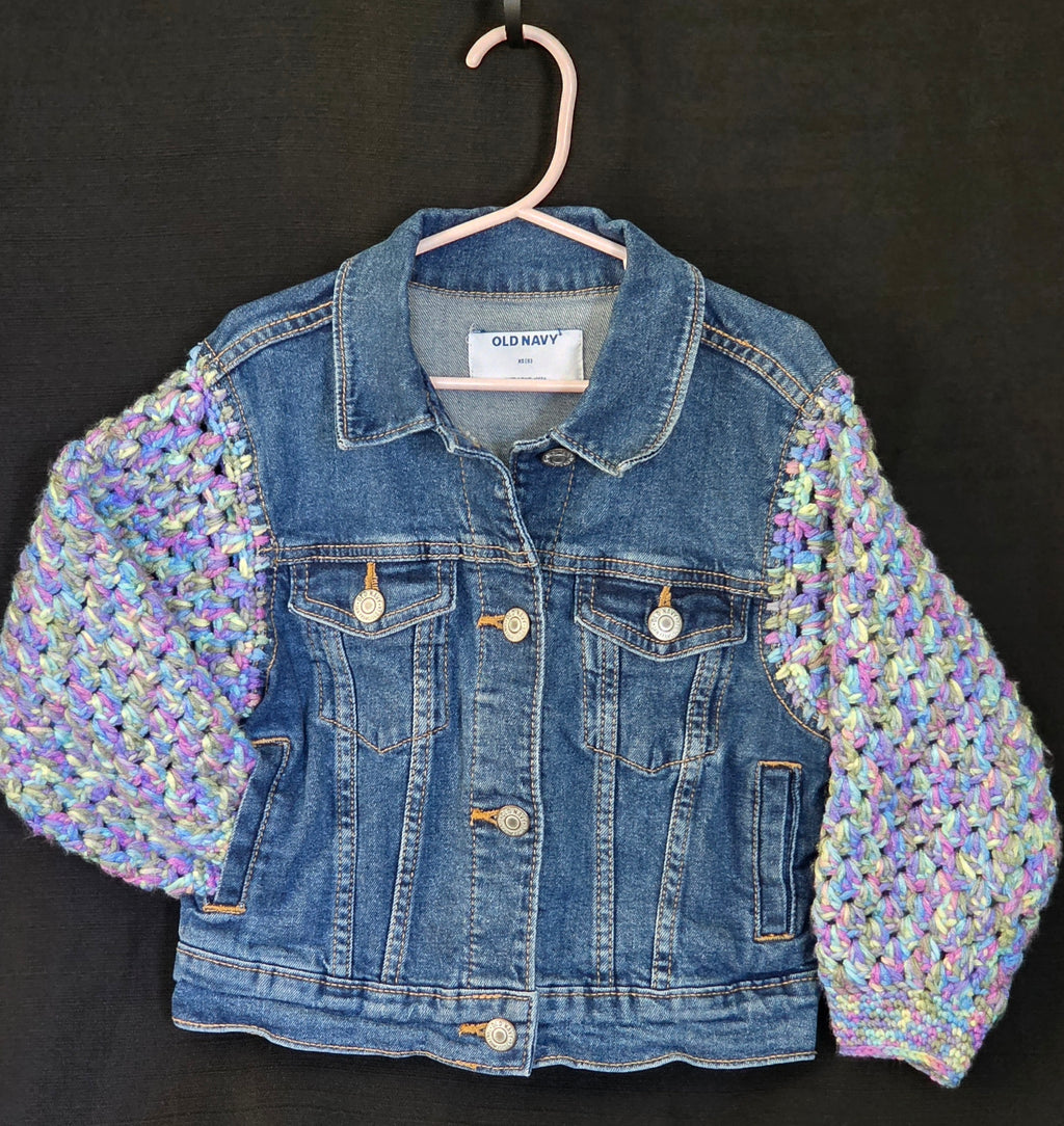 Upcycled Crochet Sleeve Jean Jacket - Kids Size 4/5